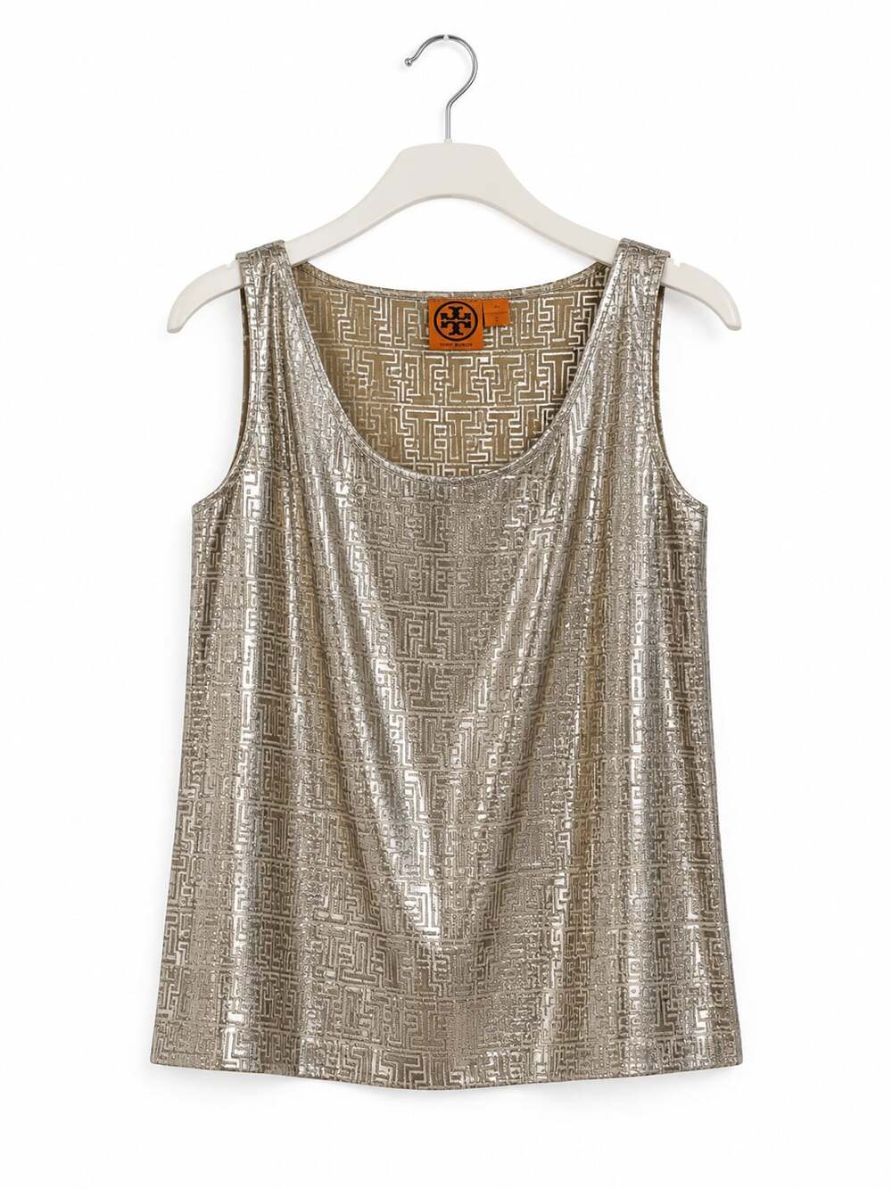Tory Burch Metallic Gold T-Logo Jacquard Silk Blend Tank Top Size 6
